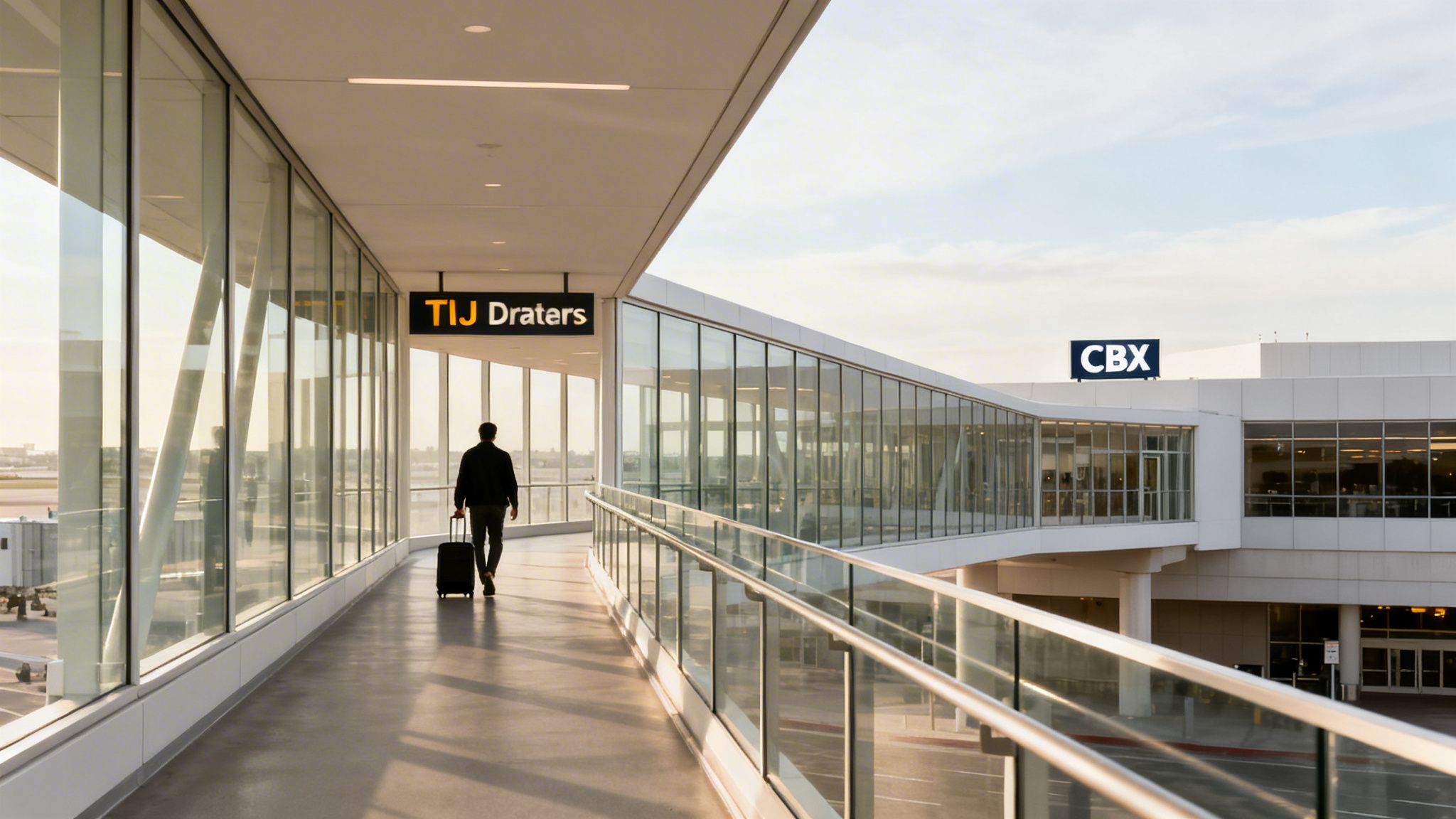 Your Guide to Trips from San Diego to Tijuana in 2026 2 Rides On Time A traveler with a suitcase walks along a modern glass-enclosed skywalk towards the CBX terminal.