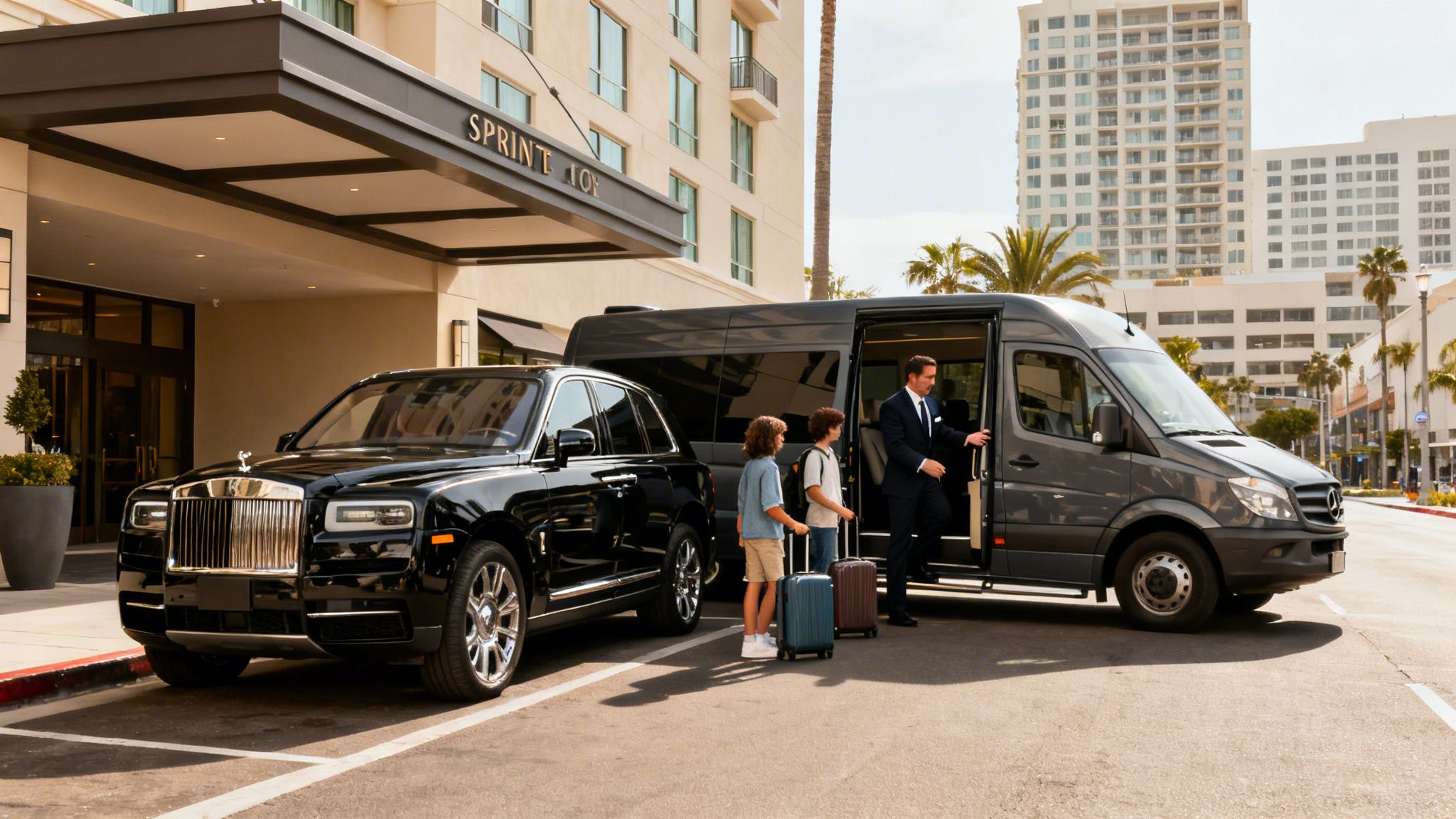 Your Guide to Trips from San Diego to Tijuana in 2026 3 Rides On Time Chauffeur helps children with luggage from a luxury van outside a hotel with a Rolls-Royce.
