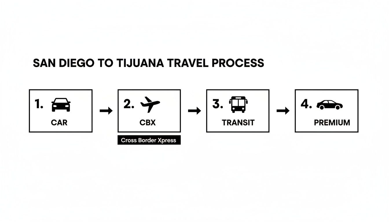 Your Guide to Trips from San Diego to Tijuana in 2026 1 Rides On Time A flowchart depicts the San Diego to Tijuana travel process with four steps: Car, CBX, Transit, and Premium.