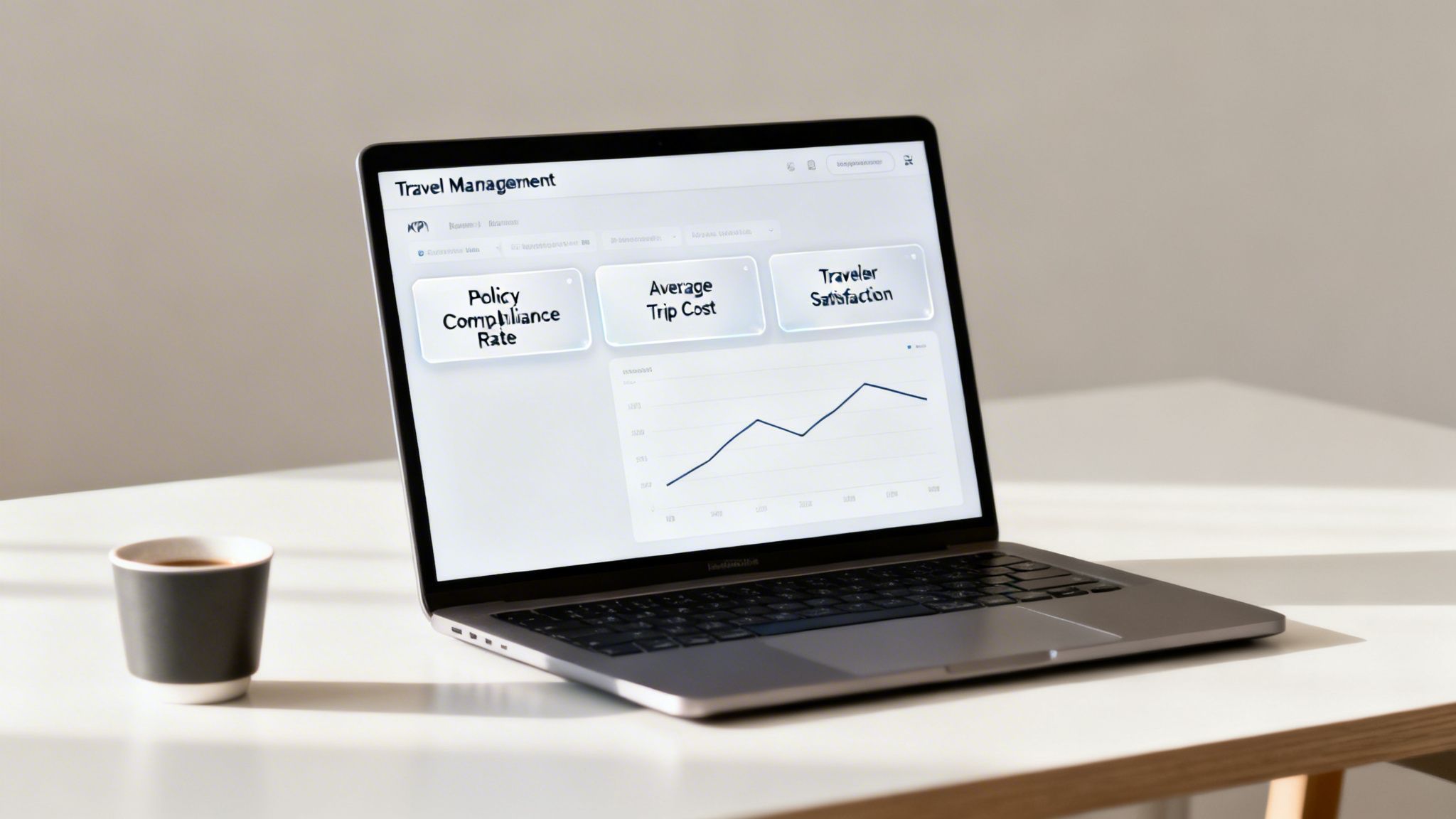A laptop displaying a travel management dashboard with policy compliance, trip cost, and traveler satisfaction metrics.