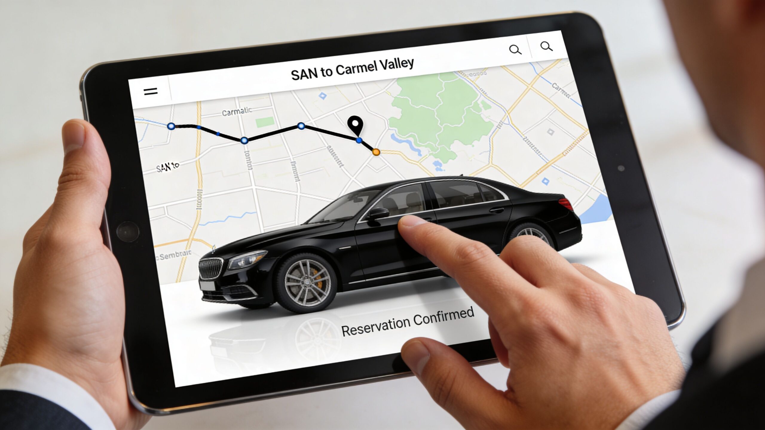 Black Car Service from San Diego Airport to Carmel Valley 3 Rides On Time A person booking a black car service from San Diego Airport to Carmel Valley using a tablet.