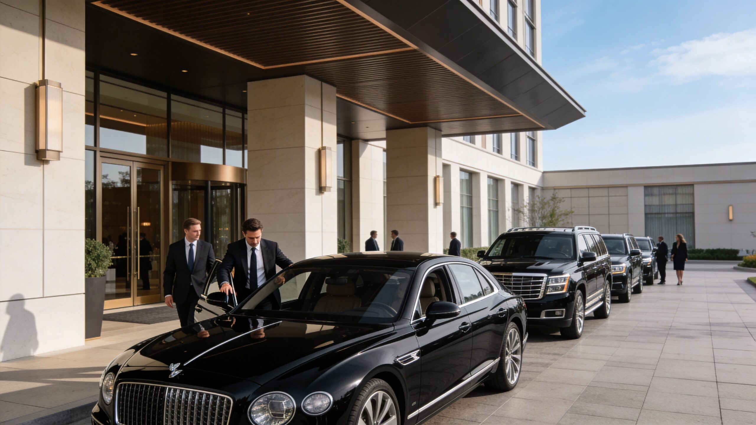 Black Car Service from San Diego Airport to Carmel Valley 4 Rides On Time A professional chauffeur assists a passenger into a black luxury sedan at a modern upscale hotel entrance.