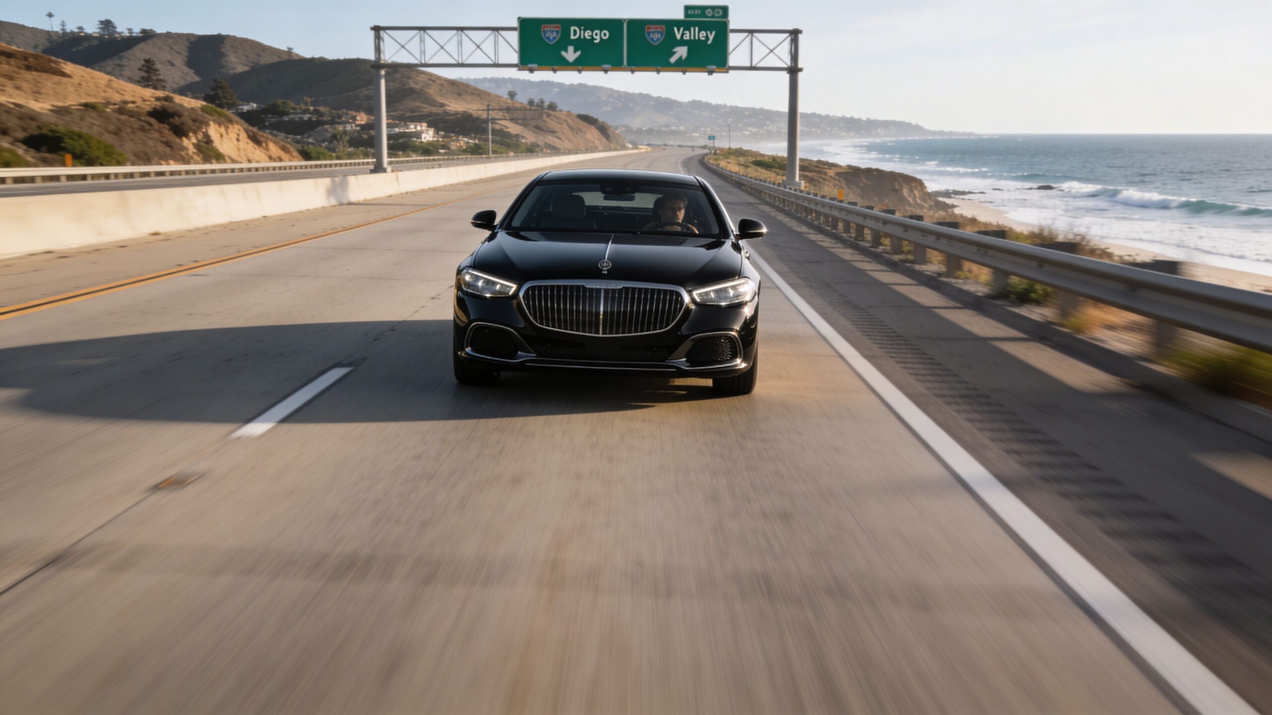 Black Car Service from San Diego Airport to Carmel Valley 2 Rides On Time A sleek black luxury sedan driving along a scenic coastal highway near highway signs.