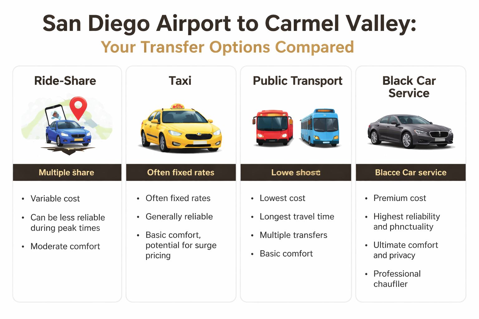 Black Car Service from San Diego Airport to Carmel Valley 1 Rides On Time A comparison chart outlining transportation options from San Diego Airport to Carmel Valley, including their key features.