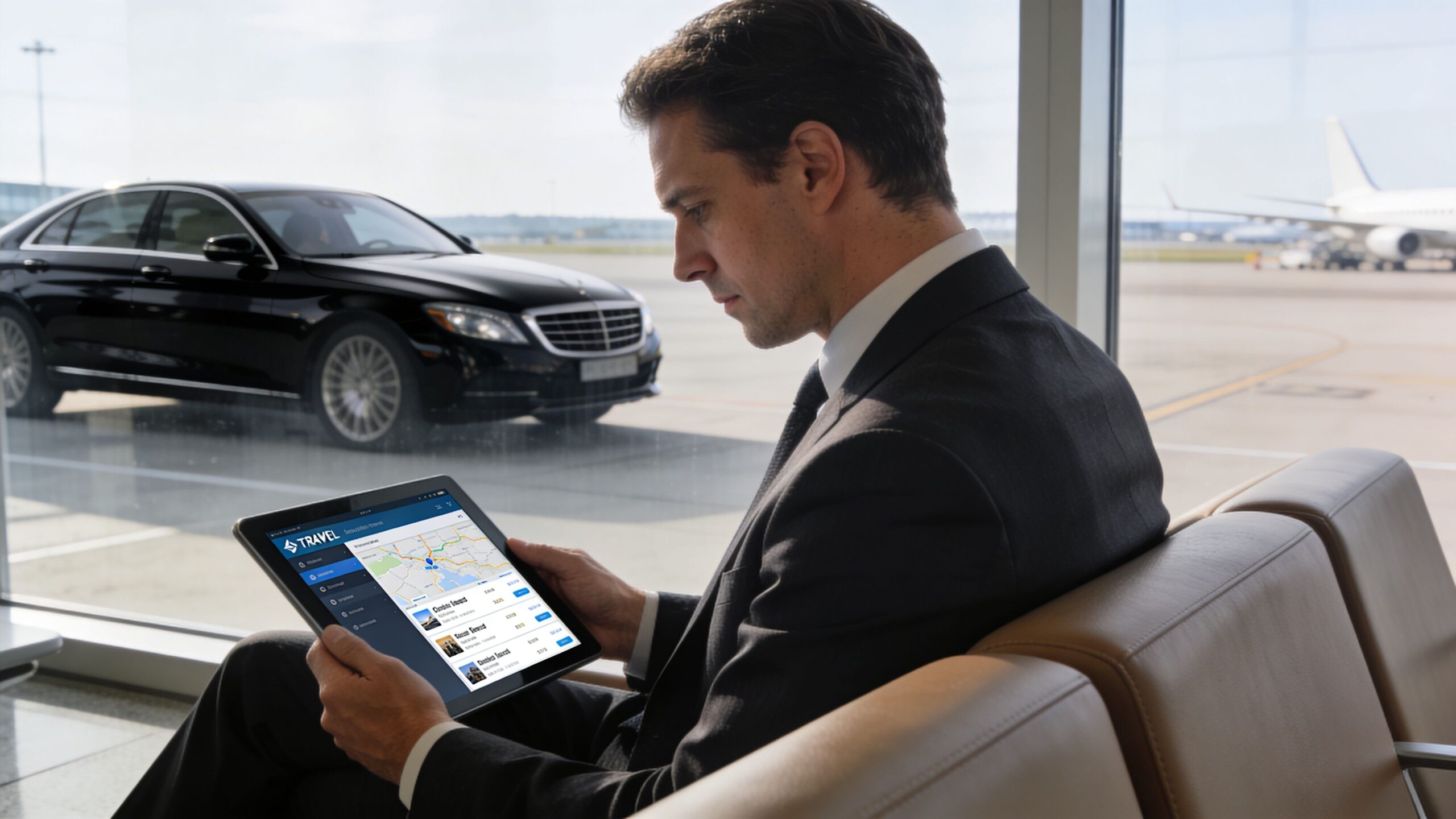 A professional man in a suit checking travel arrangements on his tablet at an airport lounge.