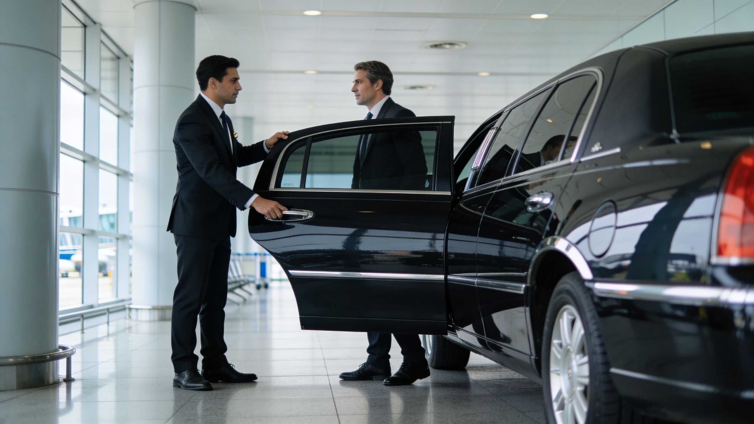 A professional chauffeur opens the door for a business passenger next to a luxury car at airport