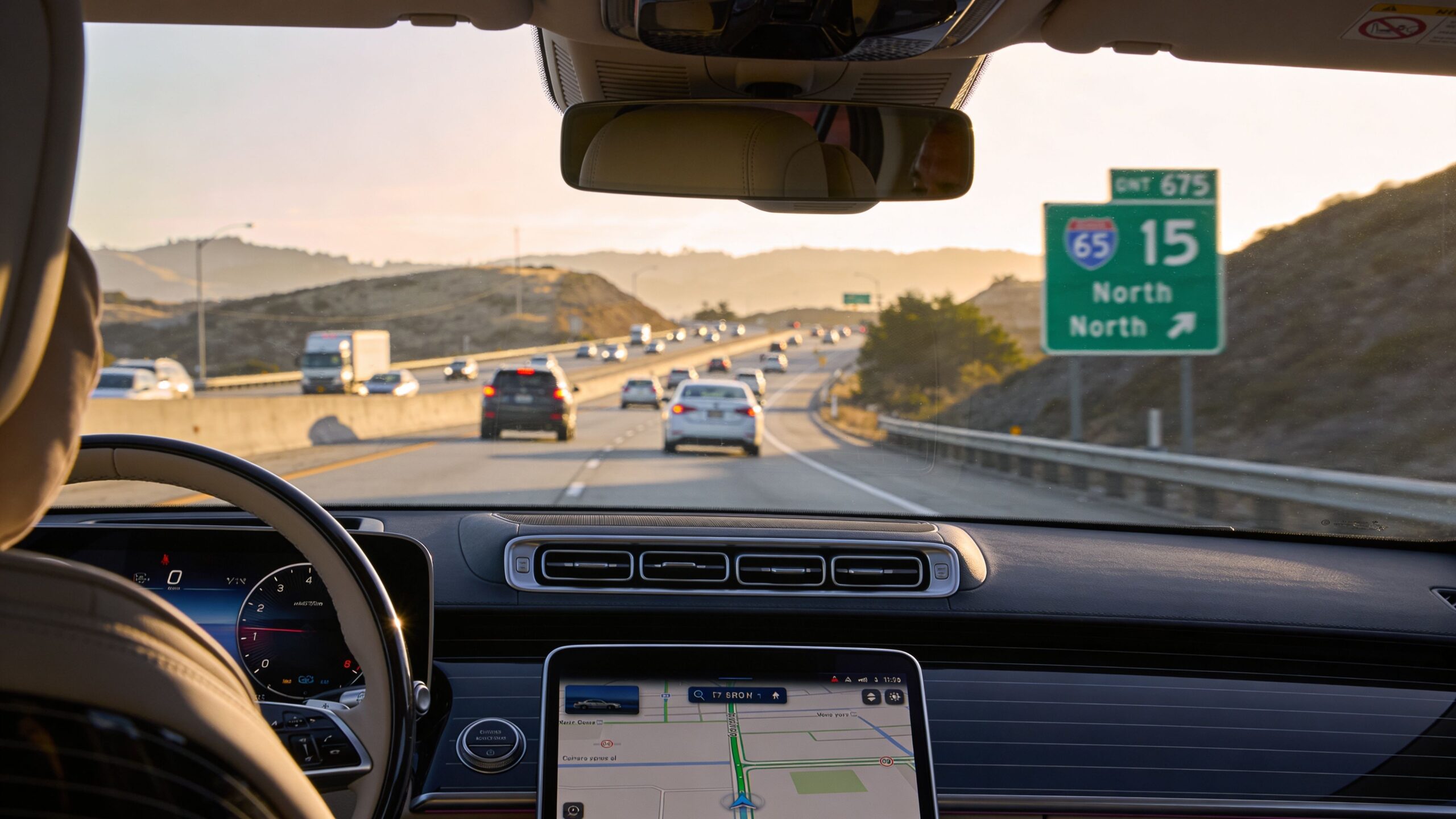 A view from the driver's seat of a luxury vehicle on a highway towards exit signs.