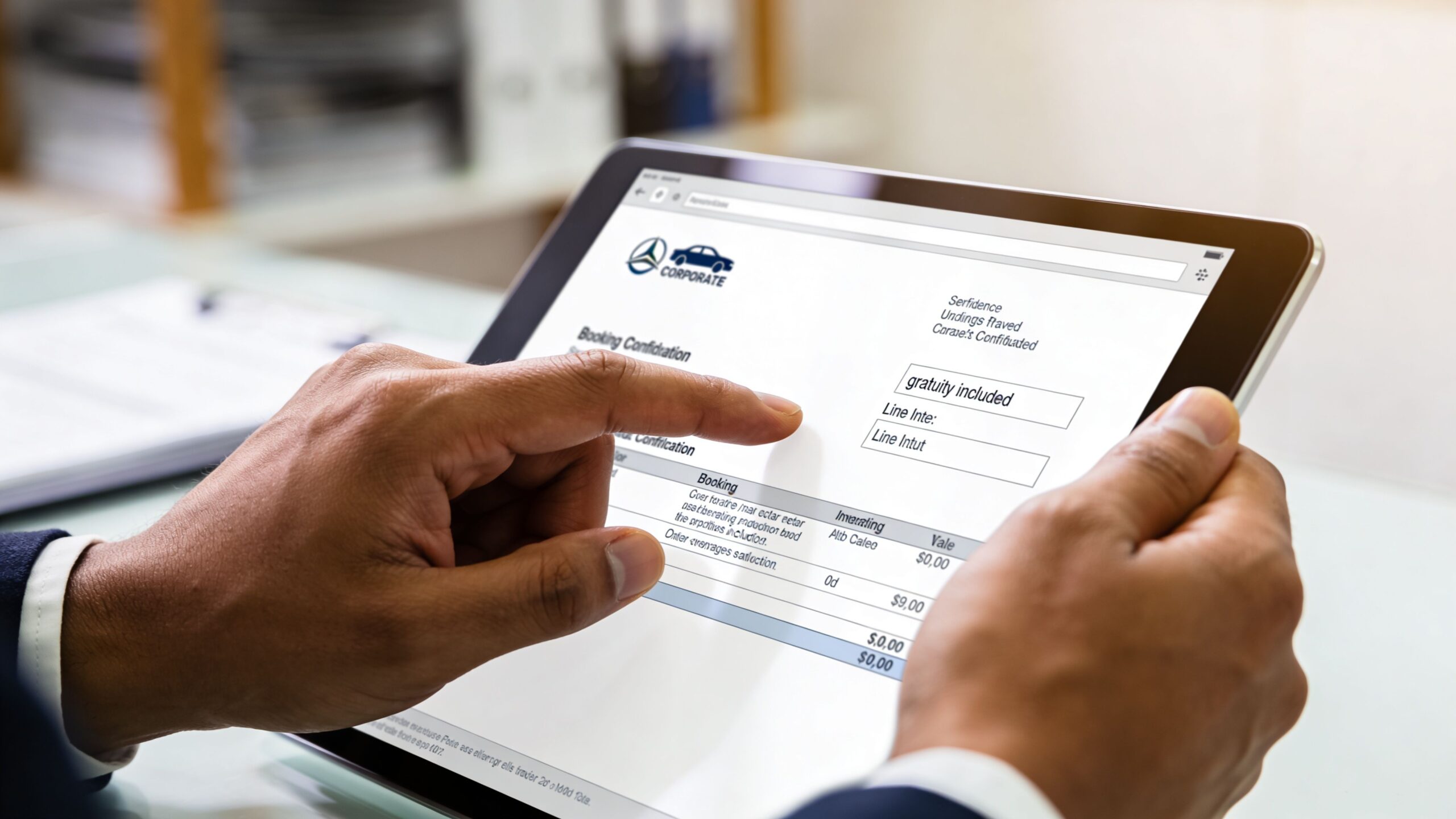 Black Car Service from San Diego Airport to La Jolla Tipping 4 Rides On Time A professional holding a tablet displaying a corporate black car booking confirmation invoice.