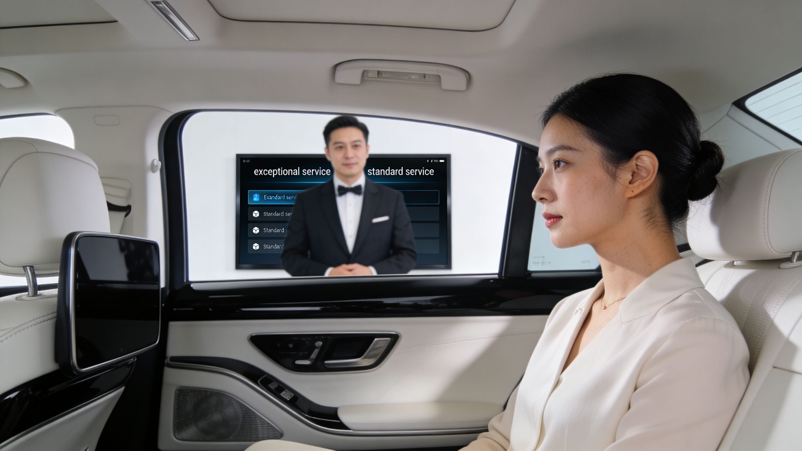 Black Car Service from San Diego Airport to La Jolla Tipping 3 Rides On Time A woman riding in the backseat of a luxury car with a digital concierge service on screen.