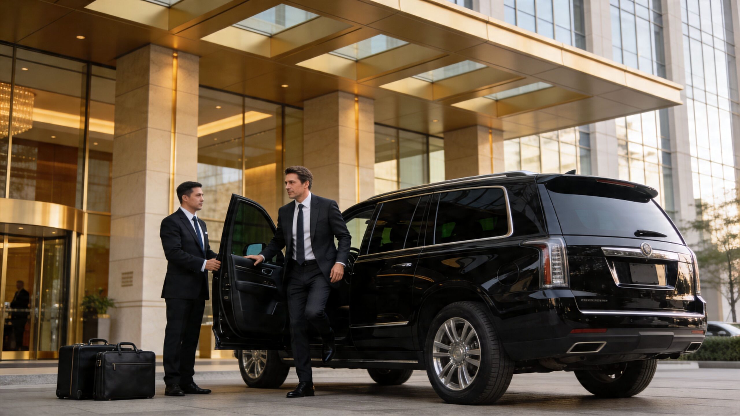 A professional chauffeur opens the car door for a businessman stepping out of a black SUV.