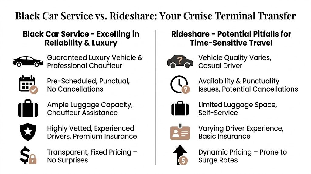 A comparison chart showing the benefits of black car services versus the drawbacks of rideshare for cruises.
