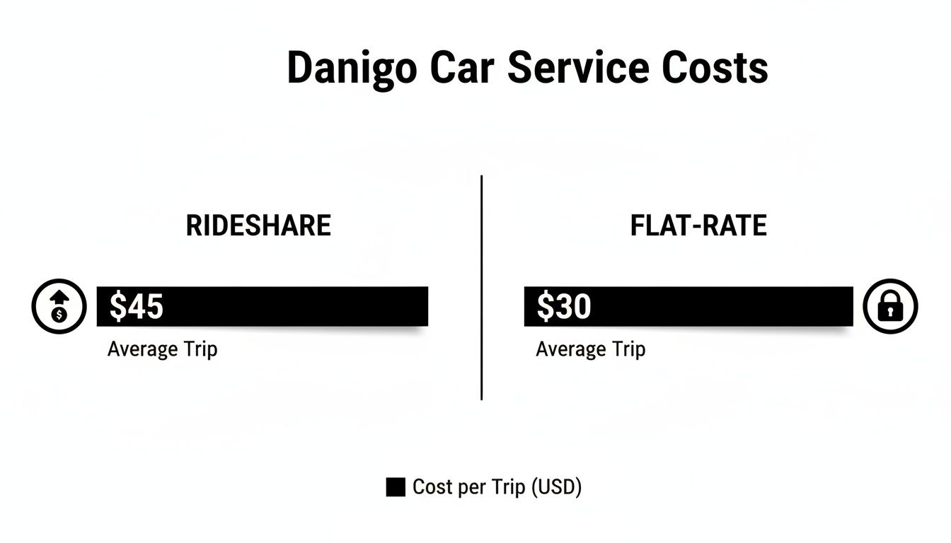 Your Guide to Car Service in San Diego CA 2 Rides On Time A comparison chart showing Danigo Car Service costs: Rideshare at $45 and Flat-Rate at $30 per average trip.