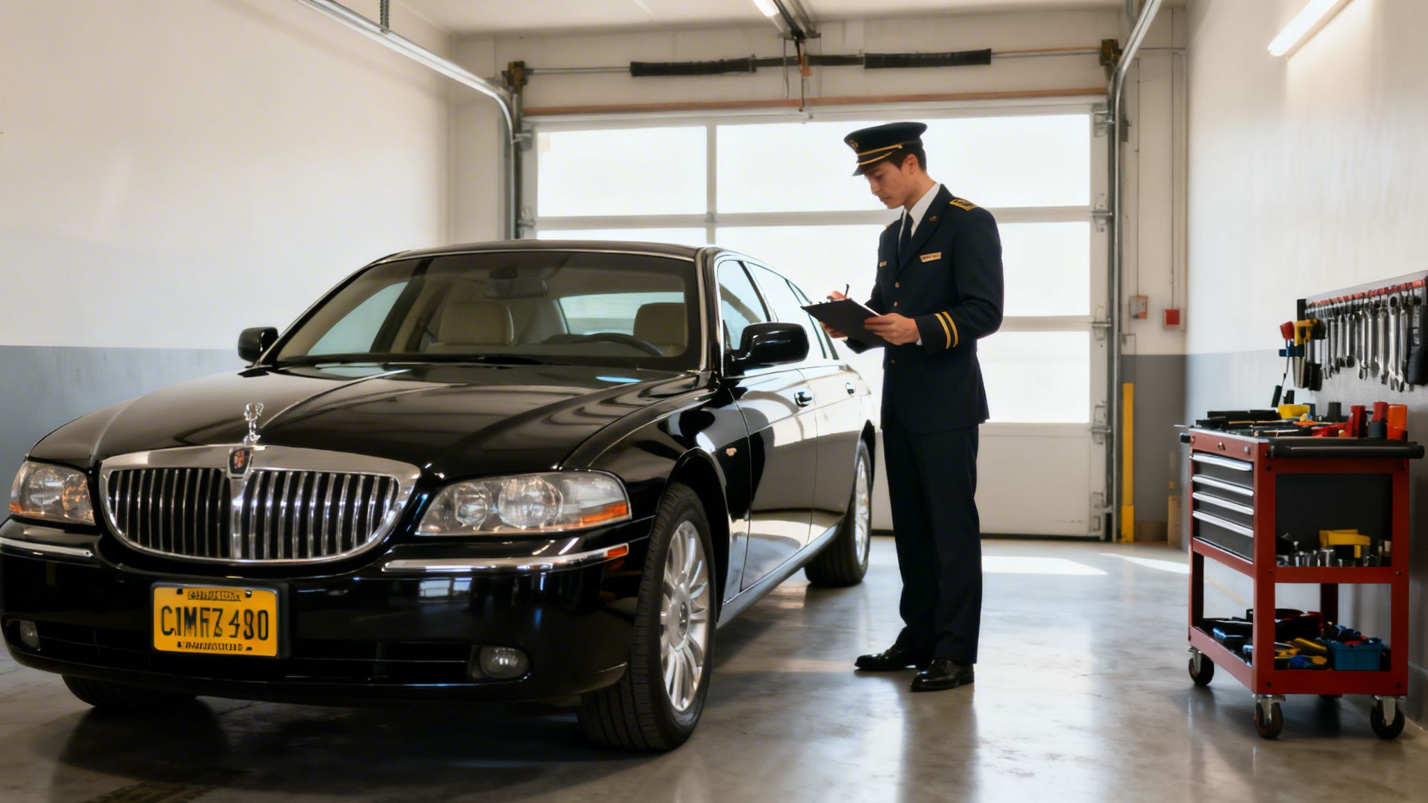 Your Guide to Car Service in San Diego CA 3 Rides On Time A uniformed man inspects a black luxury car in a bright garage with tools.