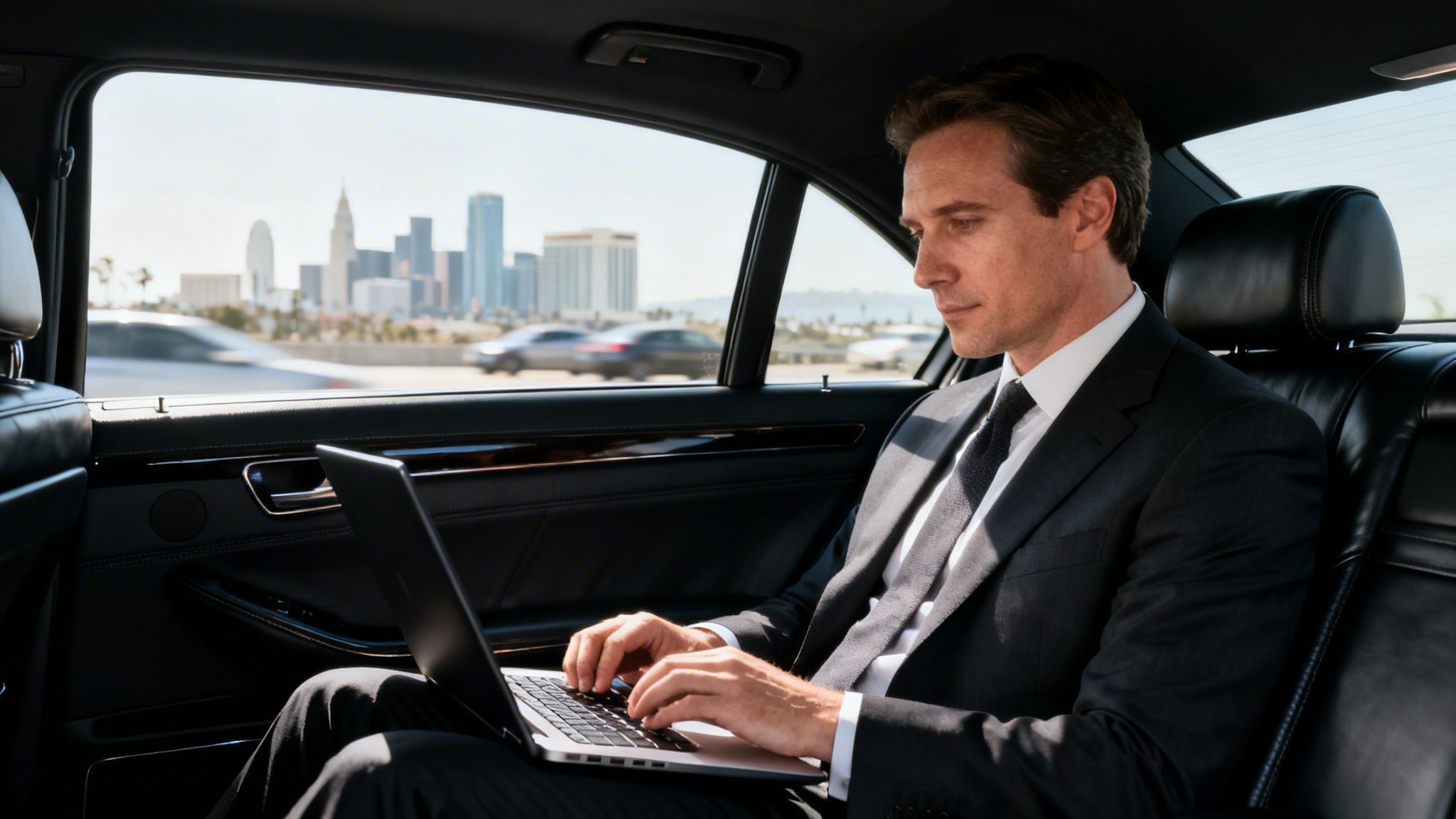 Your Guide to Car Service in San Diego CA 1 Rides On Time A professional businessman works on his laptop in the backseat of a luxury car, city skyline in background.