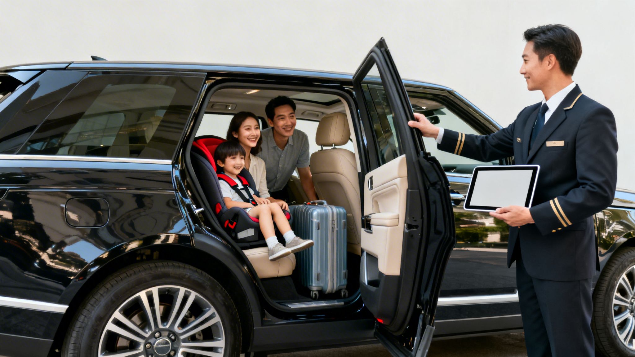 Stress-Free Car Service to San Diego Cruise Ship Terminal 4 Rides On Time A uniformed chauffeur opens a luxury black car door for a smiling family with a child in a car seat.