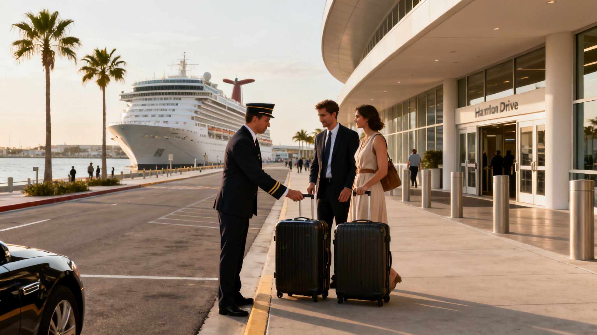 Stress-Free Car Service to San Diego Cruise Ship Terminal 3 Rides On Time A valet helps a well-dressed couple with luggage at a cruise ship terminal, with a large ship in the background.