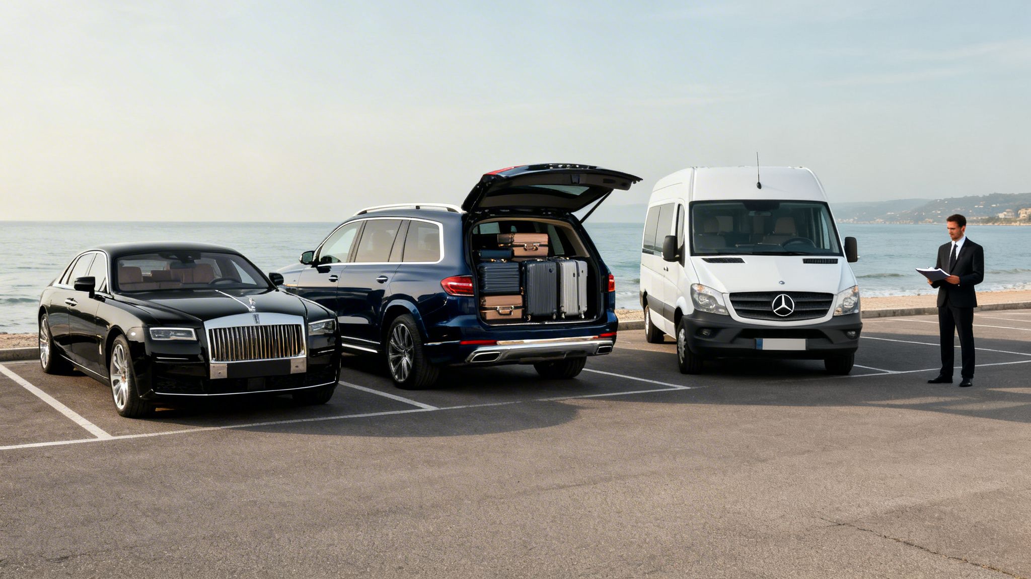 Stress-Free Car Service to San Diego Cruise Ship Terminal 2 Rides On Time Luxury cars, SUV with luggage, and a white van parked by the ocean with a man.