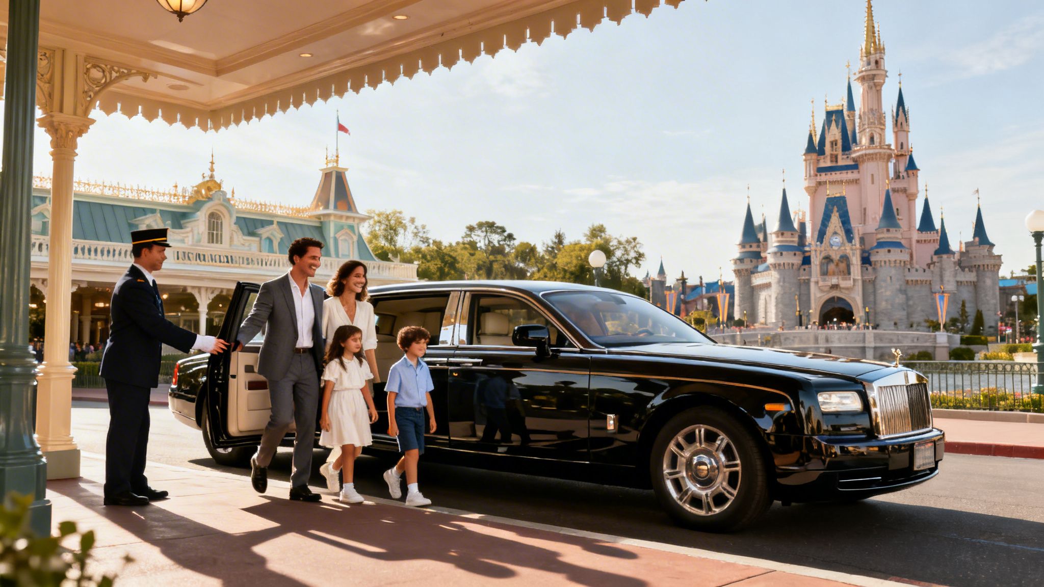 Your 2026 Guide: Disneyland from San Diego Travel 3 Rides On Time A family arriving in a luxury car at Disneyland with a castle visible in the background