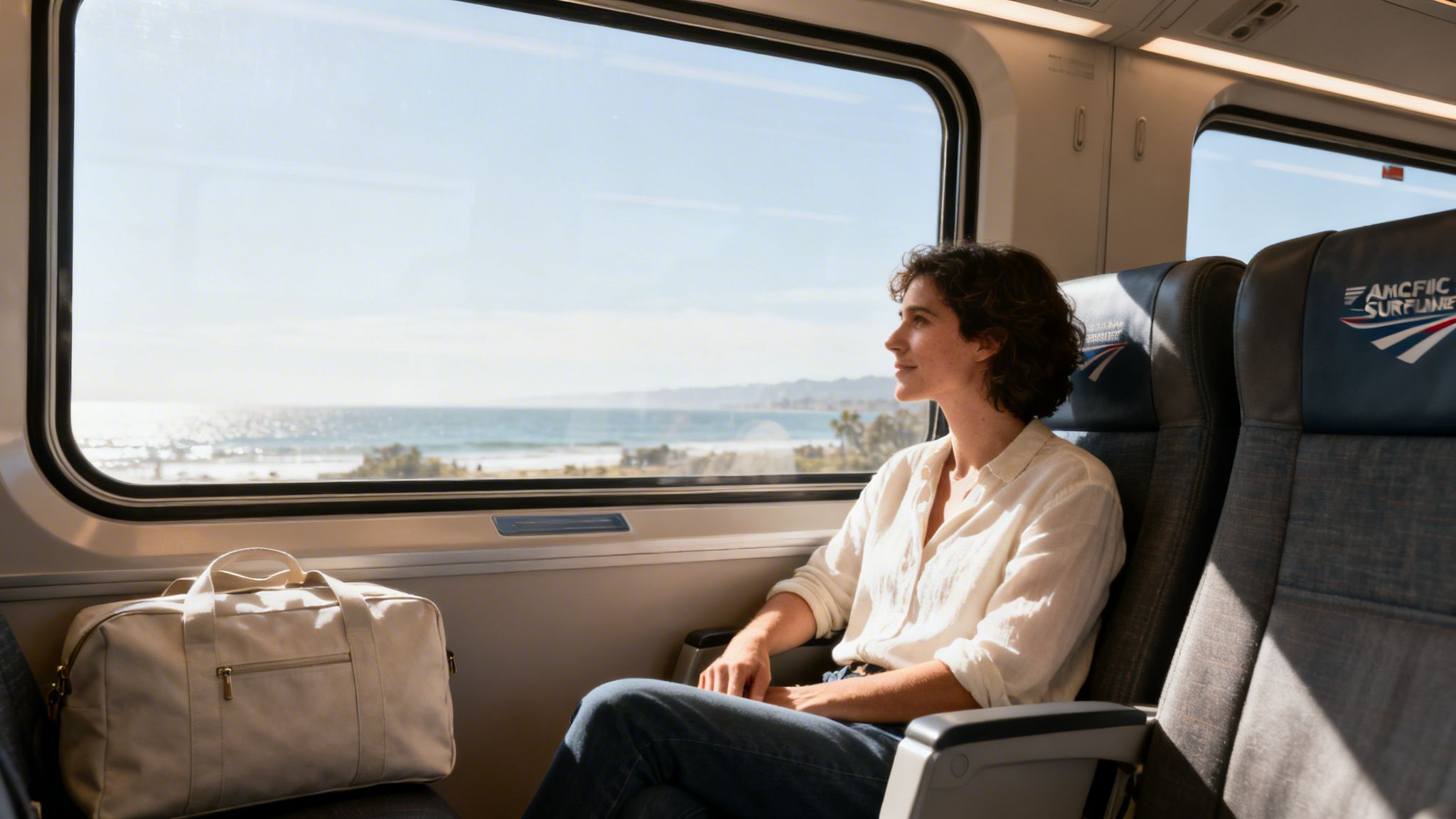 Gaylord Pacific Resort & Convention Center Train Guide 2 Rides On Time A woman looks out the window of an Amtrak Surfliner train at a scenic ocean view.