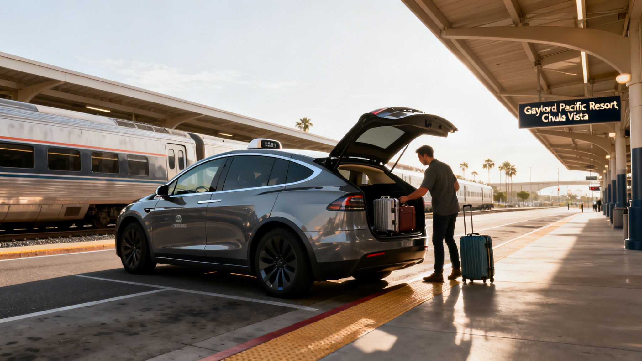 Gaylord Pacific Resort & Convention Center Train Guide 4 Rides On Time A man loads luggage into the open trunk of a gray vehicle parked at a train station platform.