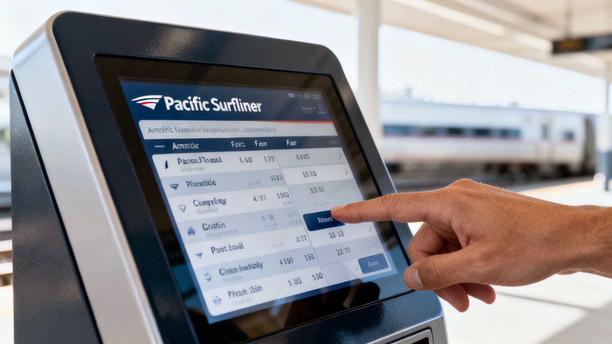 Gaylord Pacific Resort & Convention Center Train Guide 1 Rides On Time A person uses a Pacific Surfliner train ticket kiosk screen at a train station platform.
