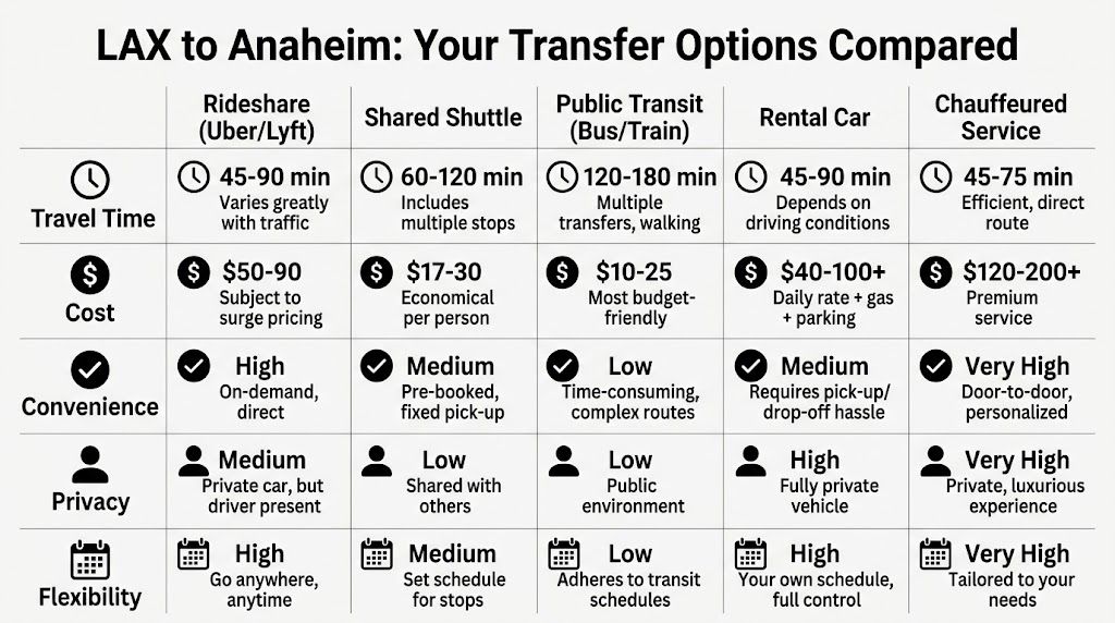 How far is anaheim from lax airport: How Far is Anaheim From 2 Rides On Time A comparison chart showing travel time, cost, convenience, privacy, and flexibility for LAX to Anaheim transport options.