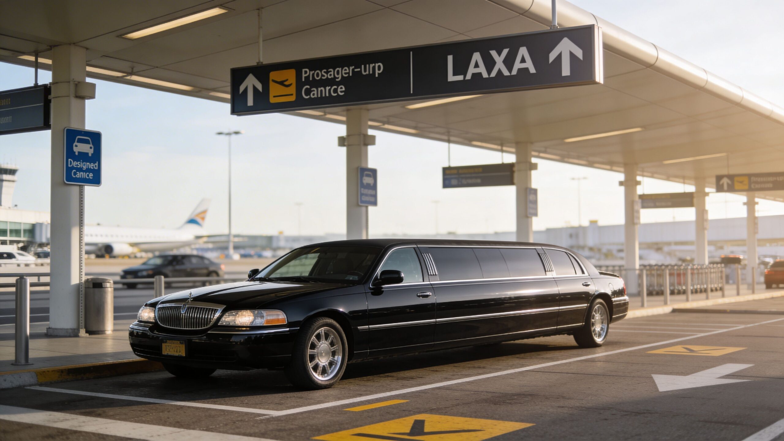 A sleek black limousine parked at an airport terminal arrival drop-off zone under a large directional sign.