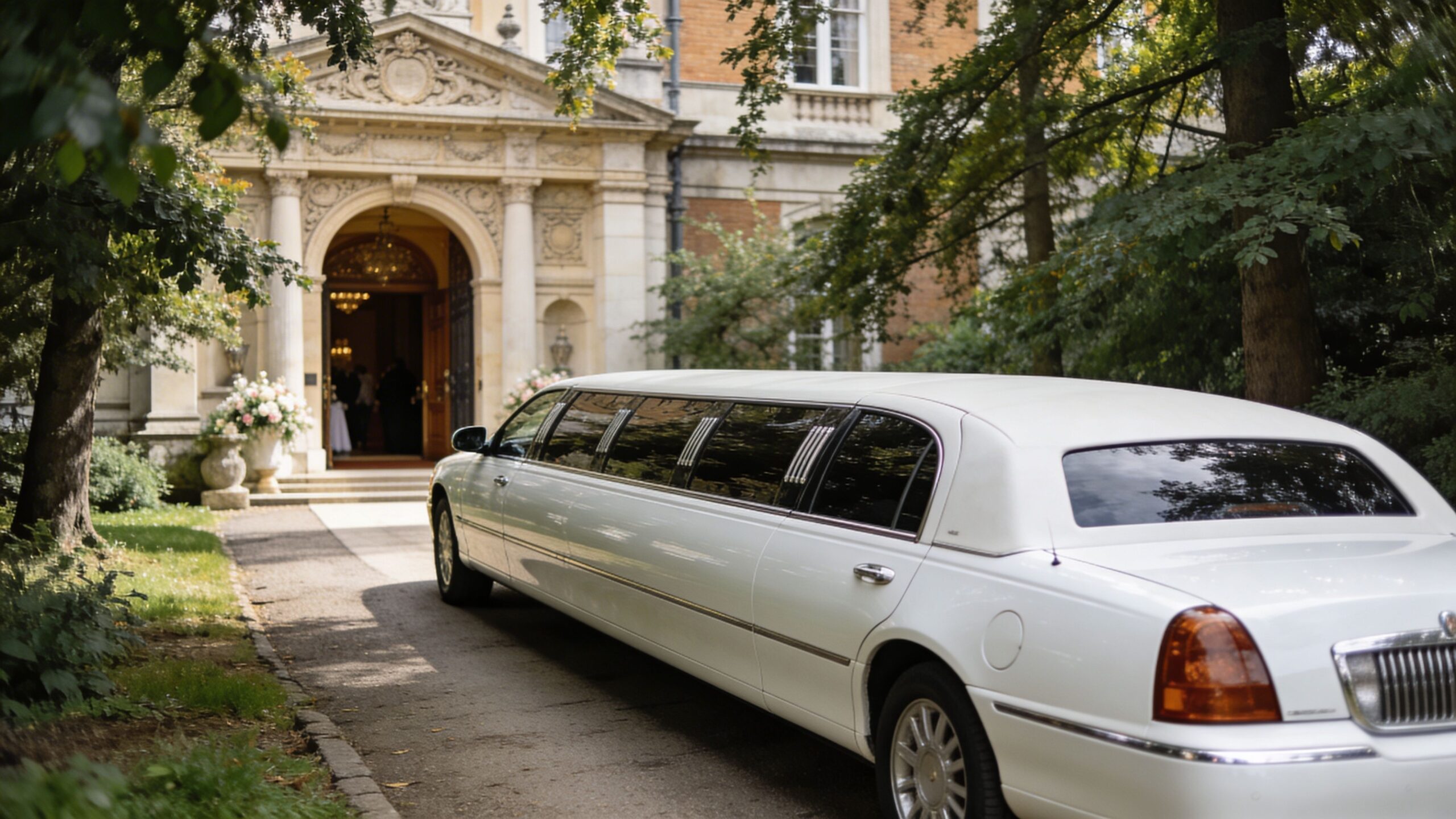 A long white limousine parked in front of an elegant historic building with a stone entrance.