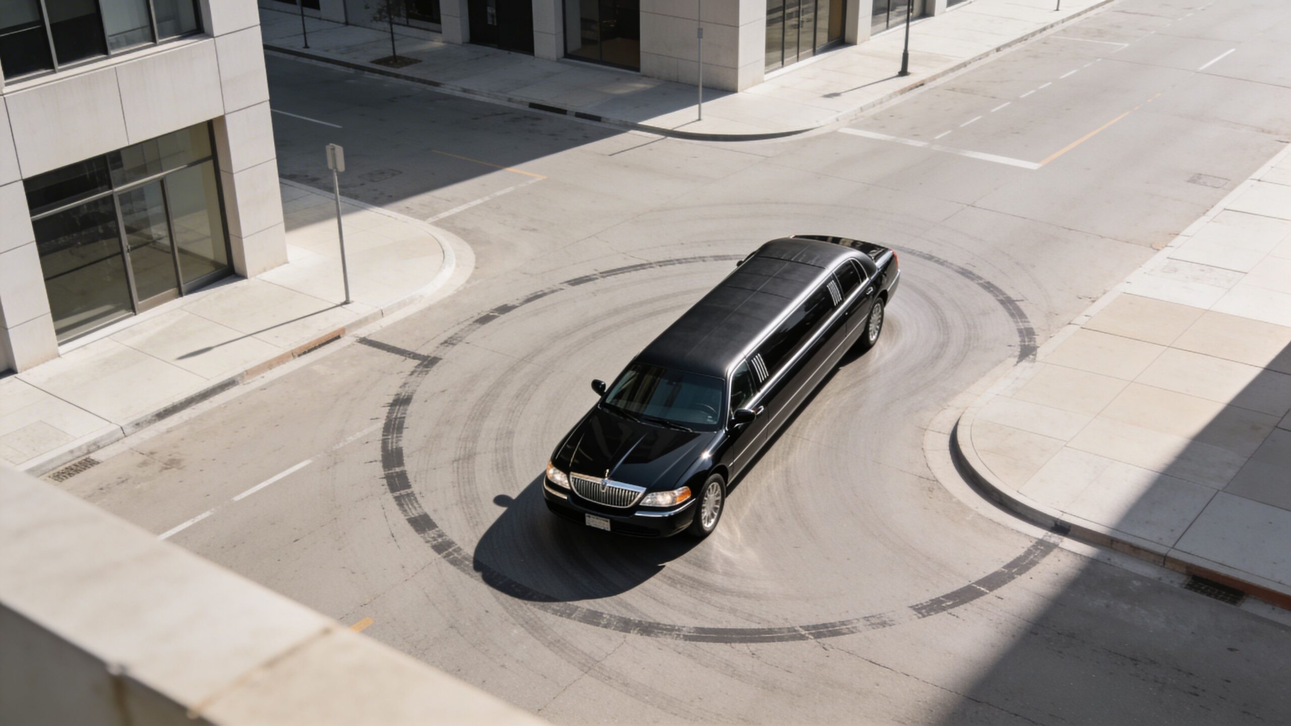 A black stretch limousine performing a U-turn on an empty city intersection with tire tracks visible.