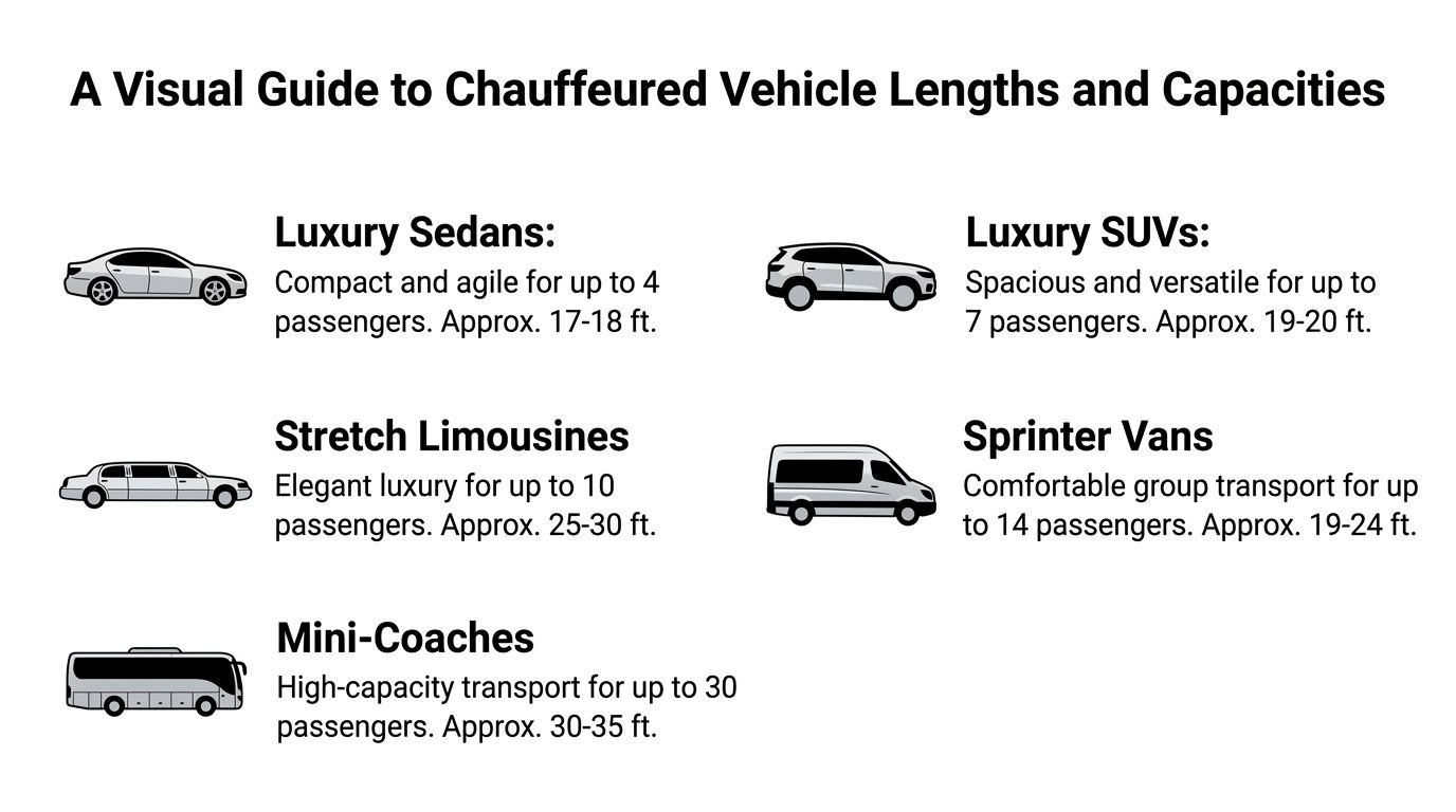 An infographic chart displaying typical vehicle lengths and passenger capacities for chauffeured transport services including limousines and coaches.