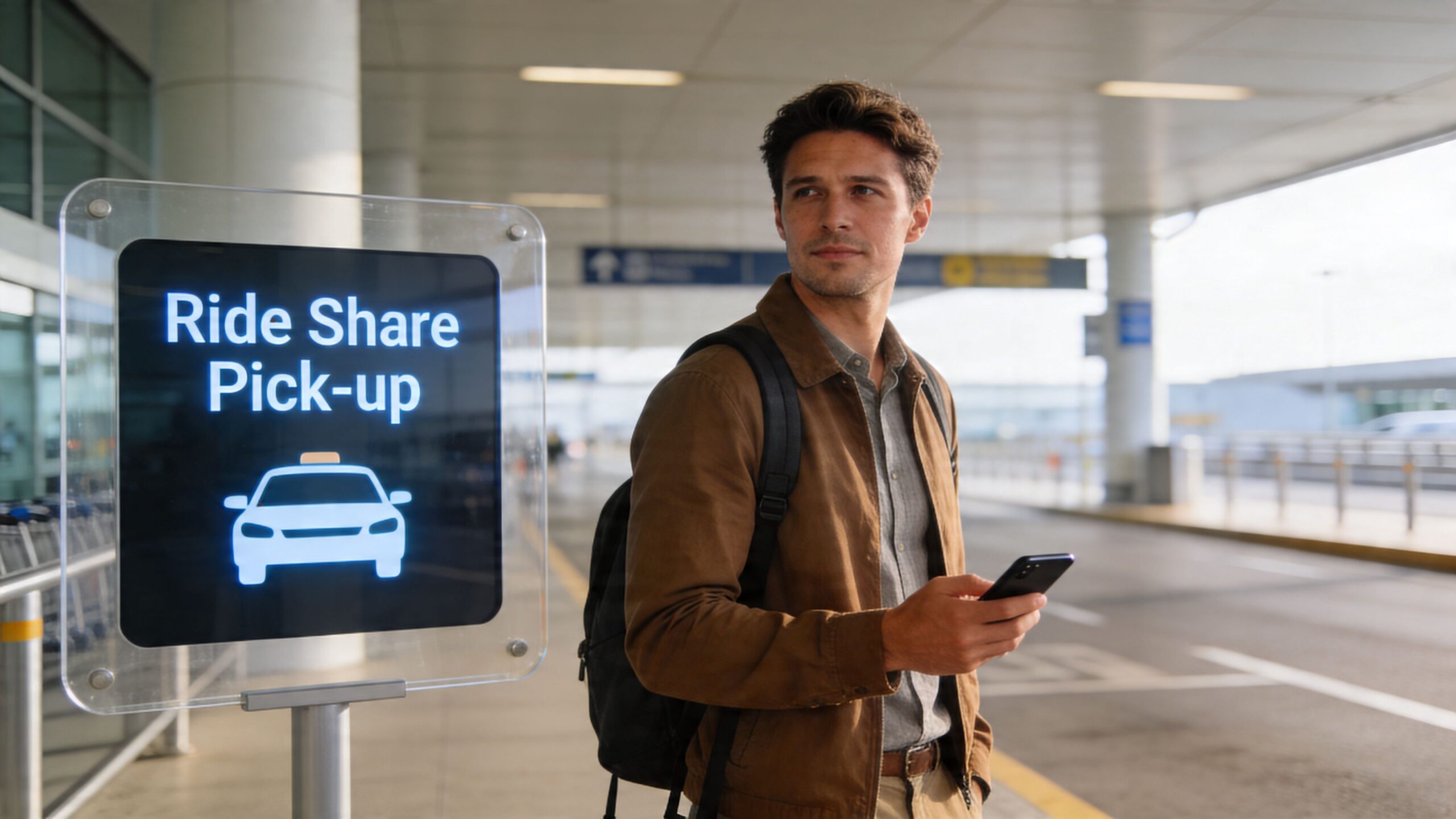 John Wayne to LAX: The 2026 Transfer Guide 4 Rides On Time A traveler holding a smartphone waits near a ride-share pickup sign at a busy airport terminal.