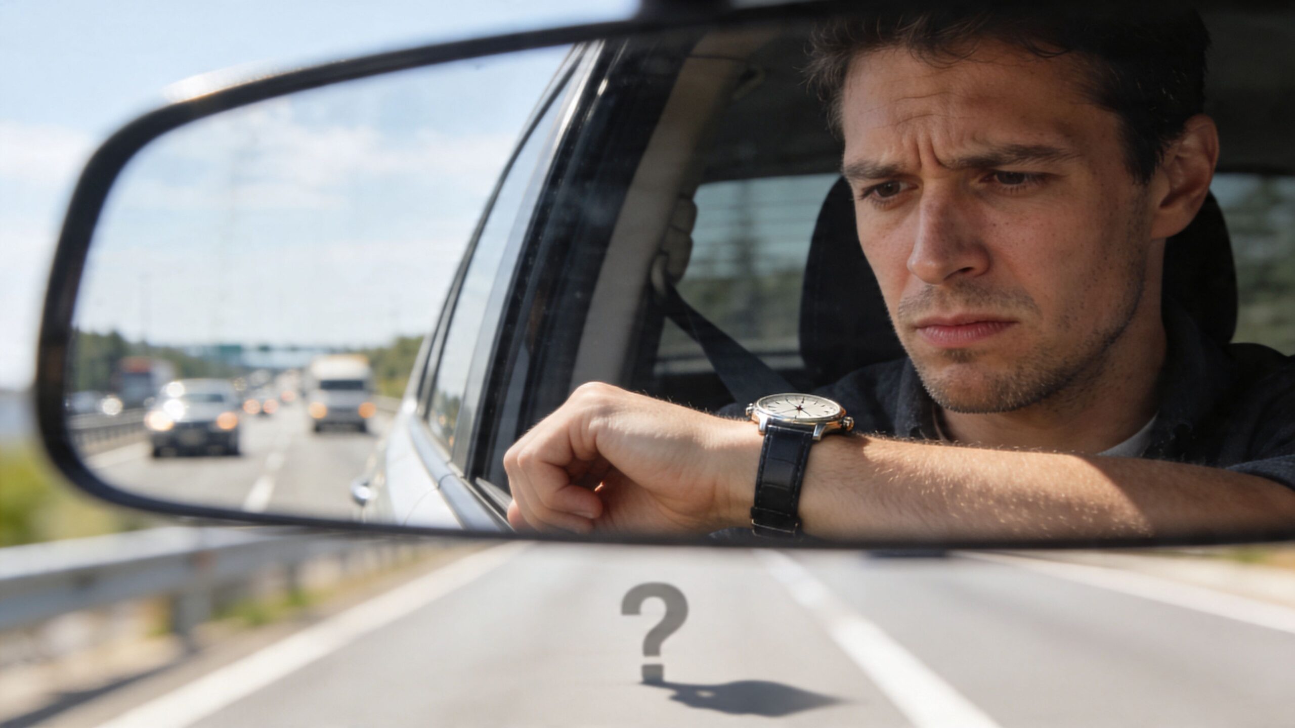 John Wayne to LAX: The 2026 Transfer Guide 3 Rides On Time A worried man looking at his watch while stuck in traffic on a highway during daytime.