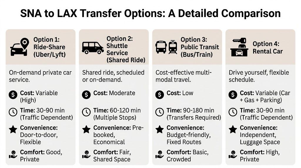 John Wayne to LAX: The 2026 Transfer Guide 2 Rides On Time A comparison chart outlining four transportation options for traveling from John Wayne Airport to LAX.