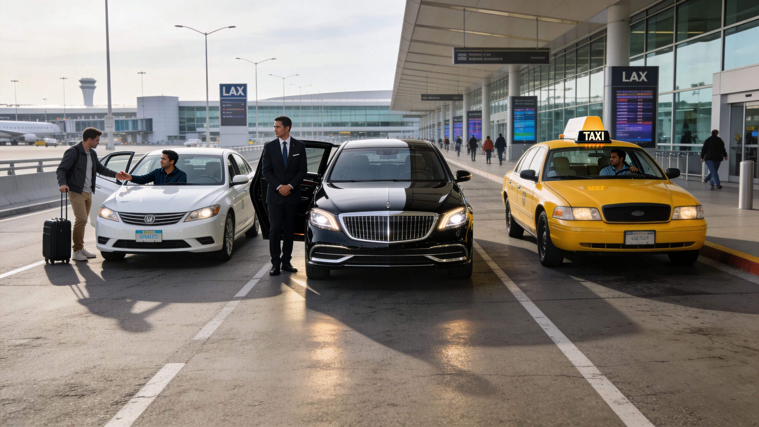 A professional chauffeur stands between a luxury sedan and taxi at the busy LAX airport terminal entrance.