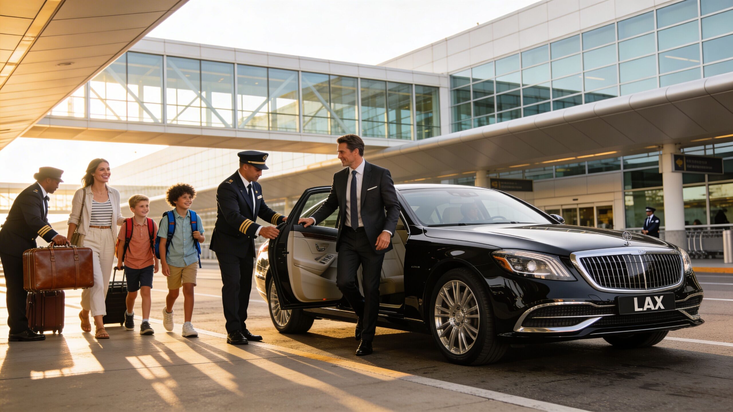 A professional chauffeur opens the door for a family arriving by private car at LAX airport.