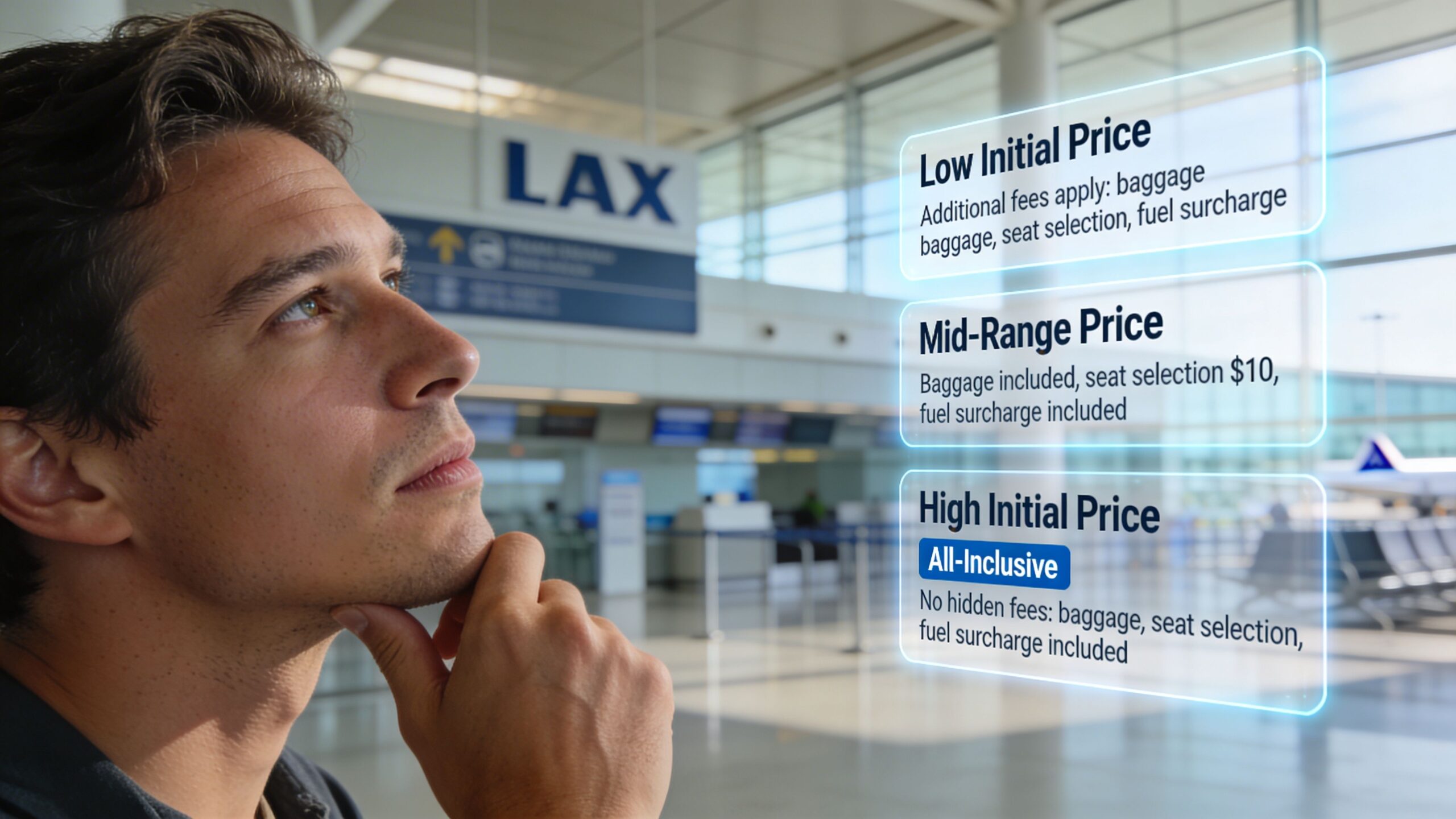 A thoughtful traveler at an airport looking at holographic price tiers for travel booking options.
