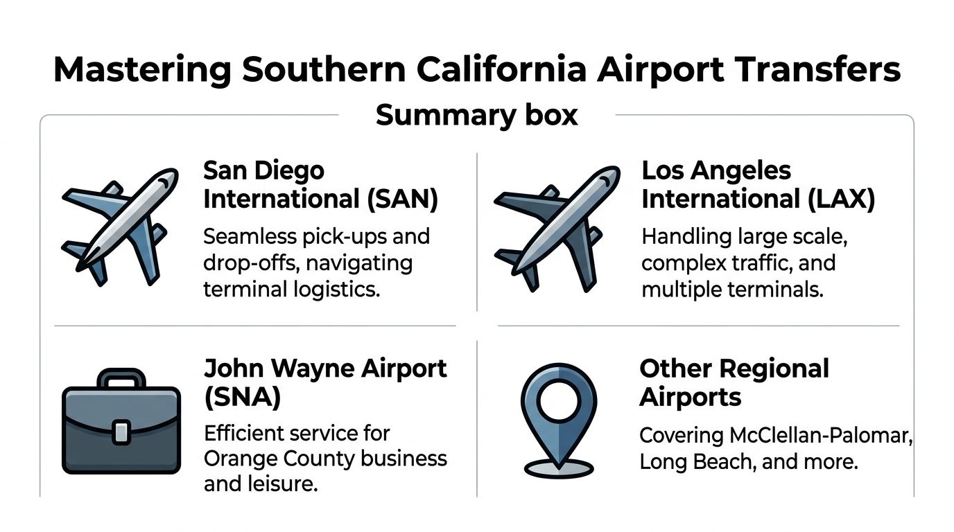 A summary infographic for mastering Southern California airport transfers including SAN, LAX, SNA, and regional airports.