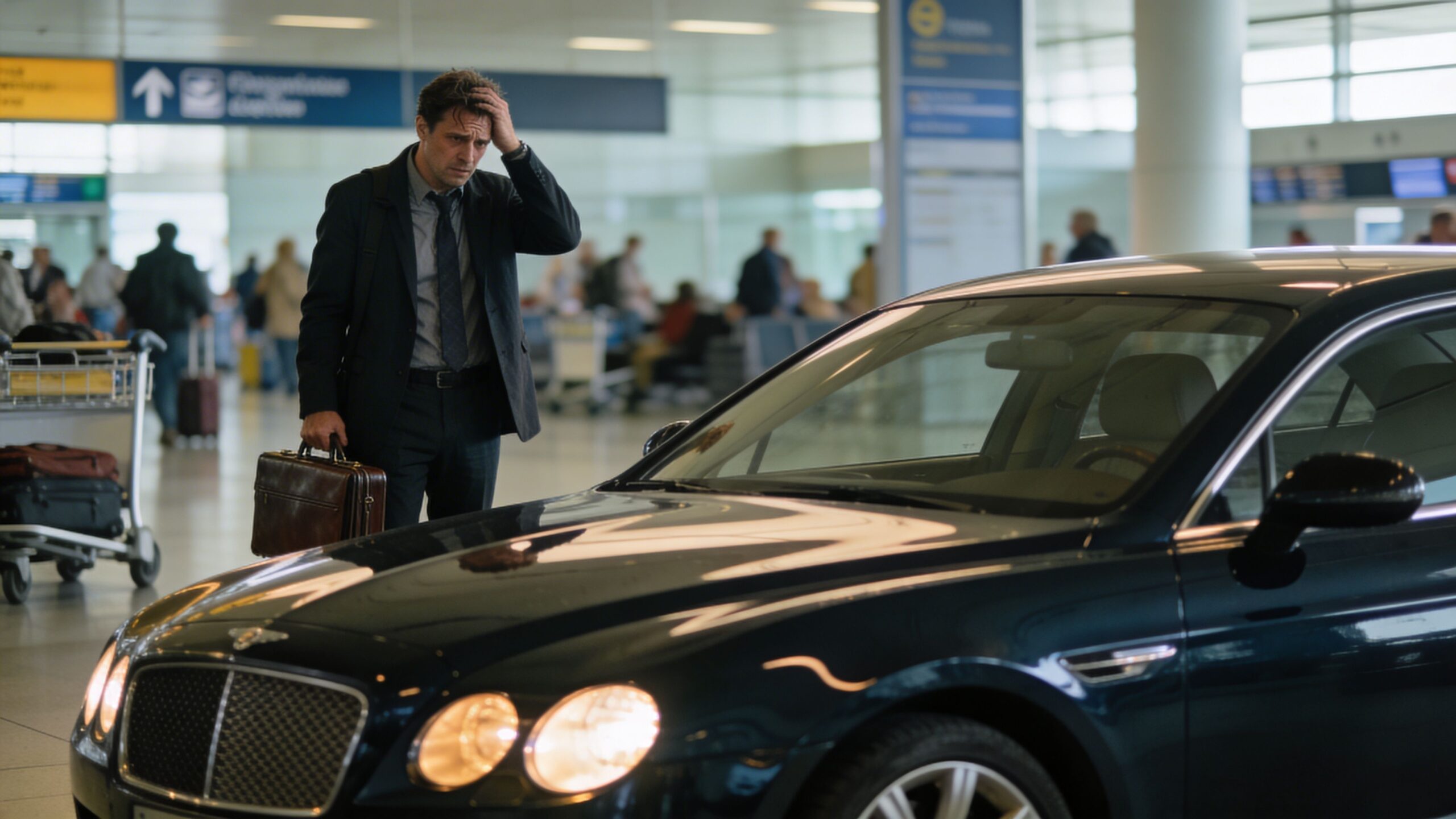 A distressed businessman in a suit stands next to a black luxury Bentley car inside an airport.