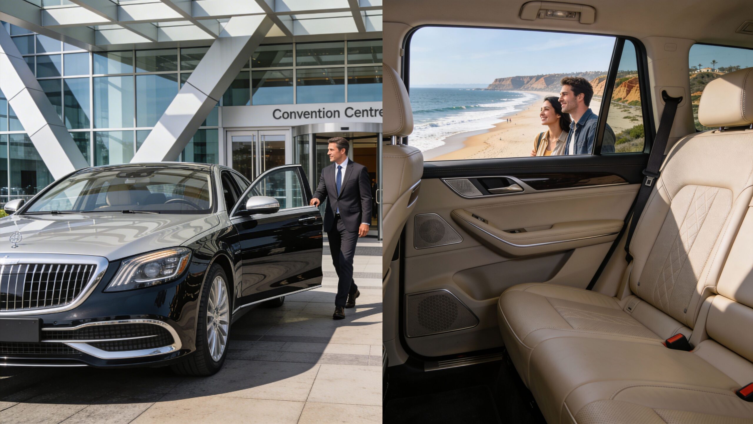 A professional chauffeur awaits by a luxury sedan at a convention center next to a coastal view.