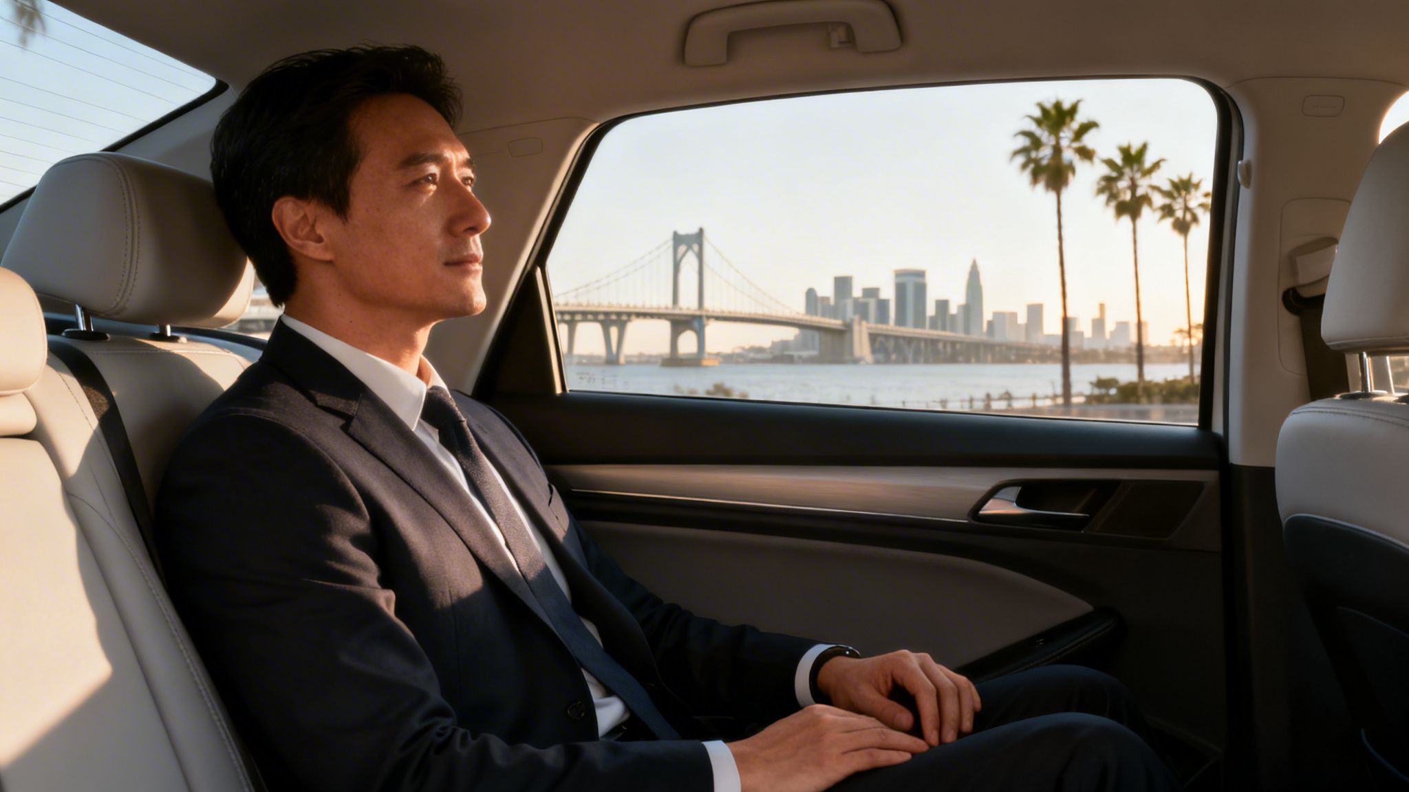 Your Premier San Diego Car Service Guide 2026 1 Rides On Time Businessman riding in car, viewing San Diego bay with Coronado Bridge and city skyline.