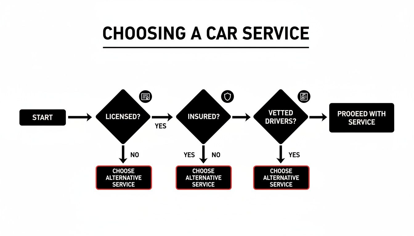 Your Premier San Diego Car Service Guide 2026 2 Rides On Time A flowchart demonstrating how to choose a safe car service, checking for licensed, insured, and vetted drivers.