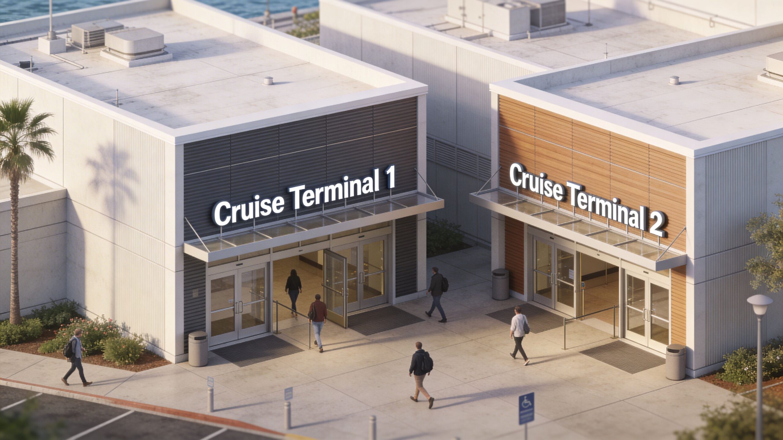 An aerial view of a modern San Diego cruise terminal facility with two separate passenger entrance buildings.