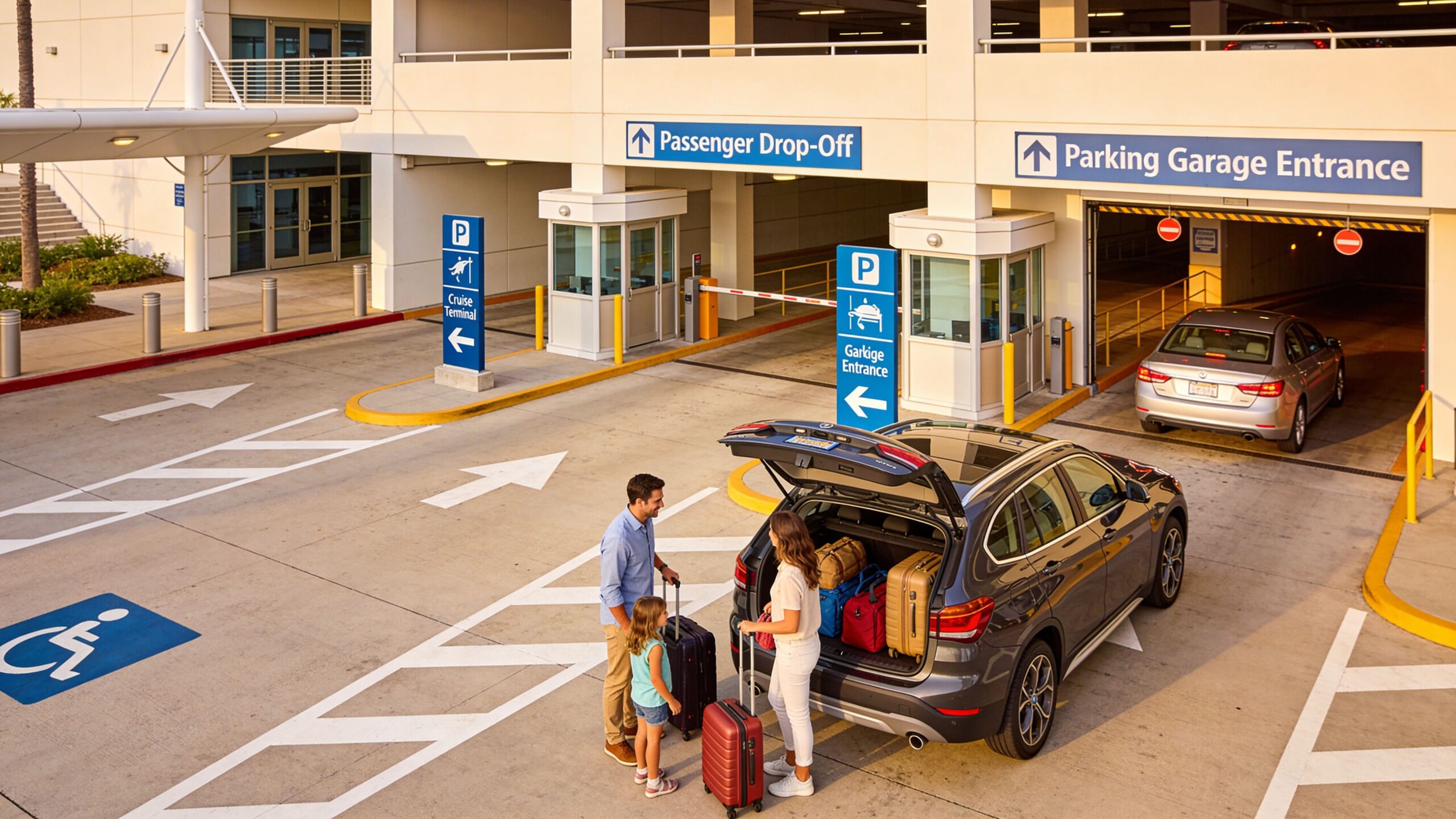 A family packing luggage into the back of their SUV at the San Diego cruise terminal entrance.