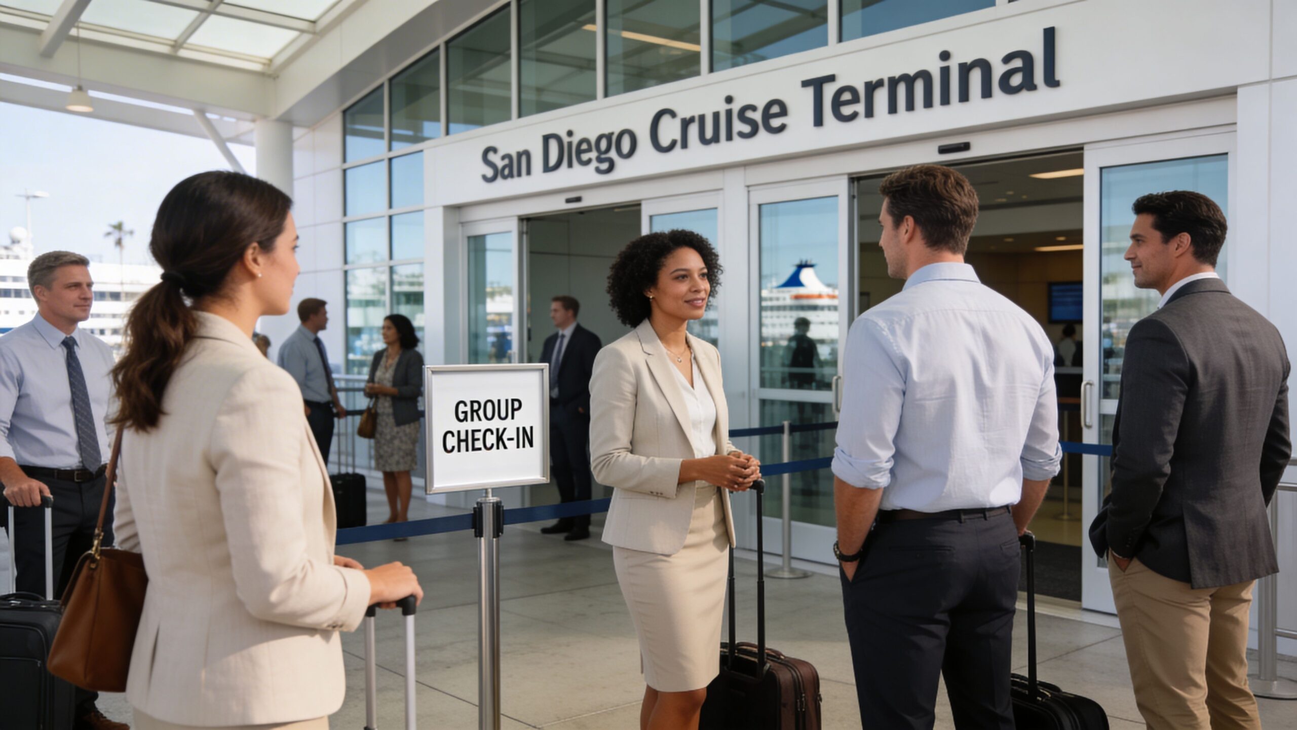 A diverse group of professional travelers standing outside the San Diego Cruise Terminal near a check-in sign.