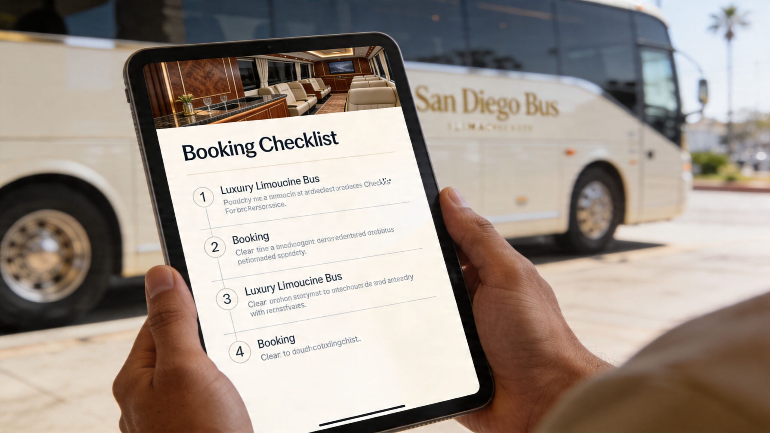 San Diego Limousine Bus: Ultimate Guide 2 Rides On Time A person holding a tablet displaying a luxury bus booking checklist in front of a San Diego bus.