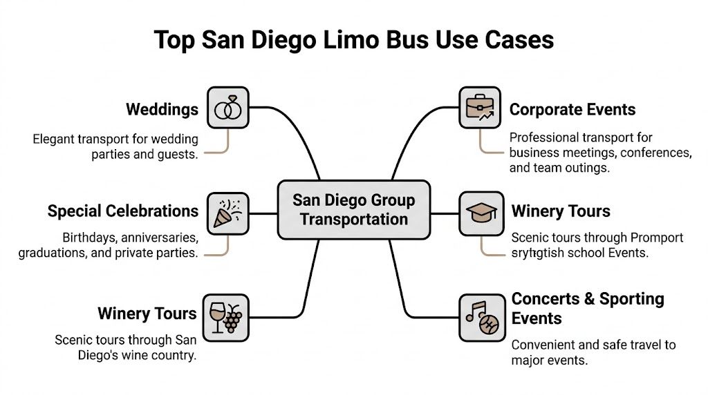 San Diego Limousine Bus: Ultimate Guide 1 Rides On Time An infographic showing top use cases for San Diego limo bus group transportation services including various events.