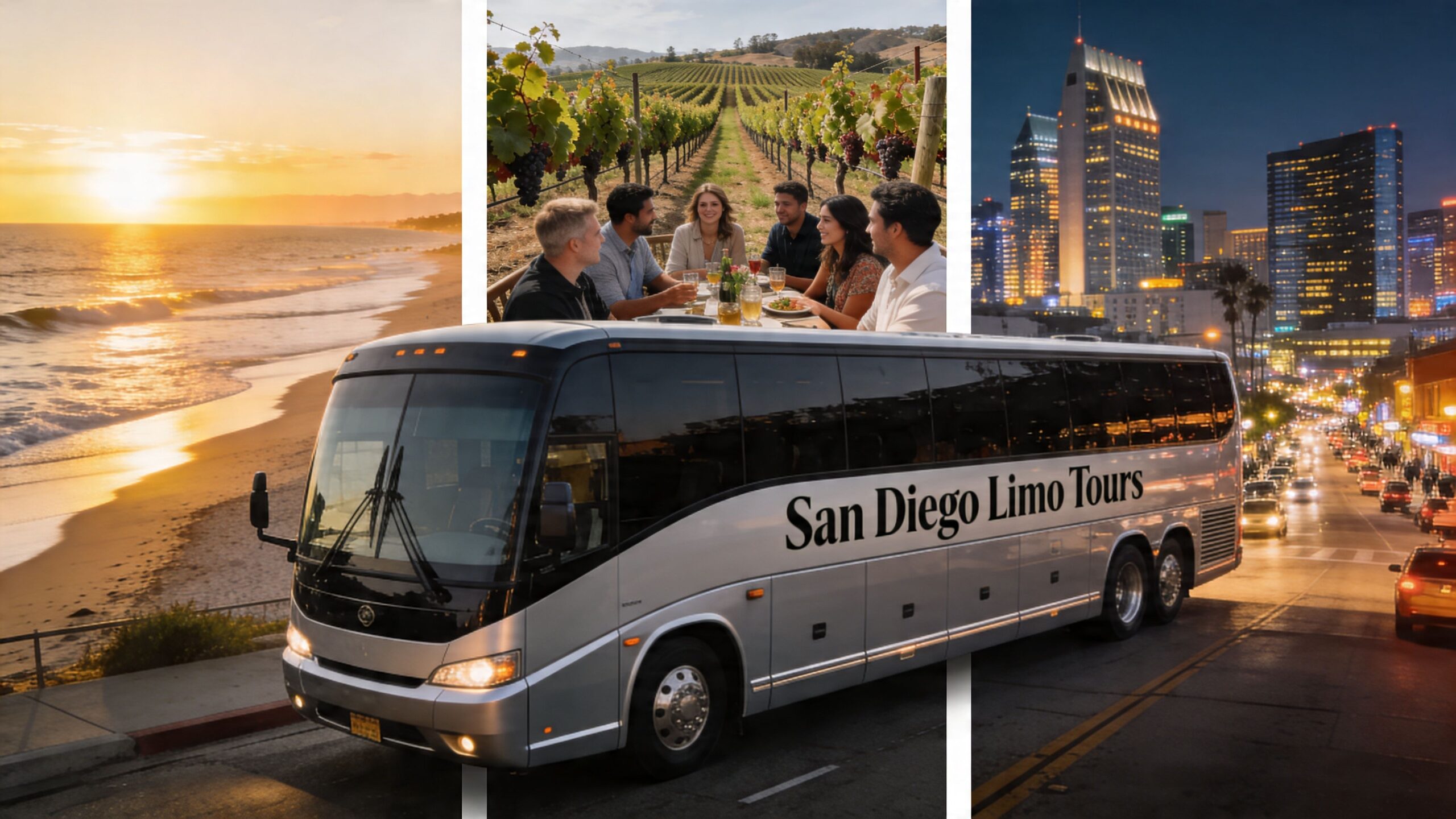 San Diego Limousine Bus: Ultimate Guide 3 Rides On Time A silver San Diego Limo Tours bus parked by the beach during sunset with cityscapes and vineyards.