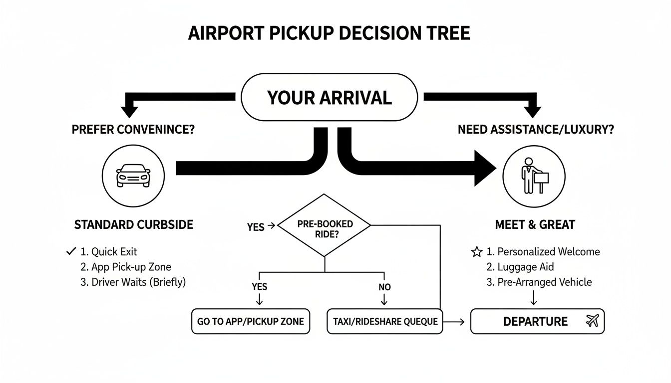 An airport pickup decision tree illustrating choices for standard curbside or meet and greet services based on passenger needs.