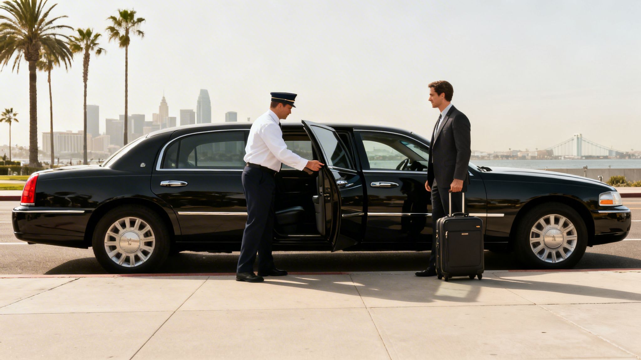A chauffeur in uniform opens a black town car door for a businessman with luggage, with a city skyline in the background.
