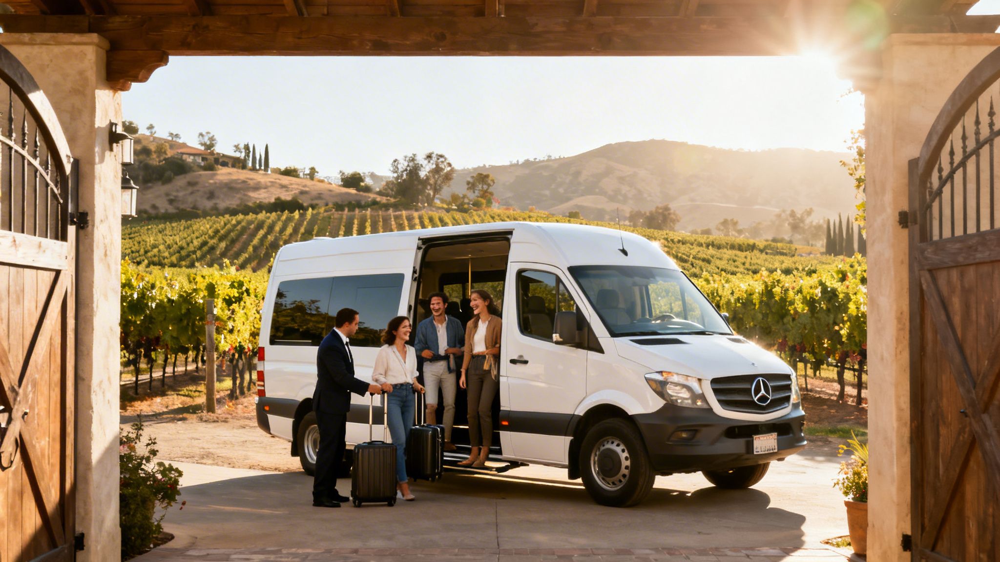 Elegant travelers board a white Sprinter van at a scenic vineyard with a driver.